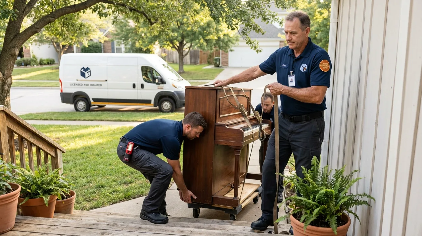 Licensed piano movers securing grand piano in Rio Linda, CA