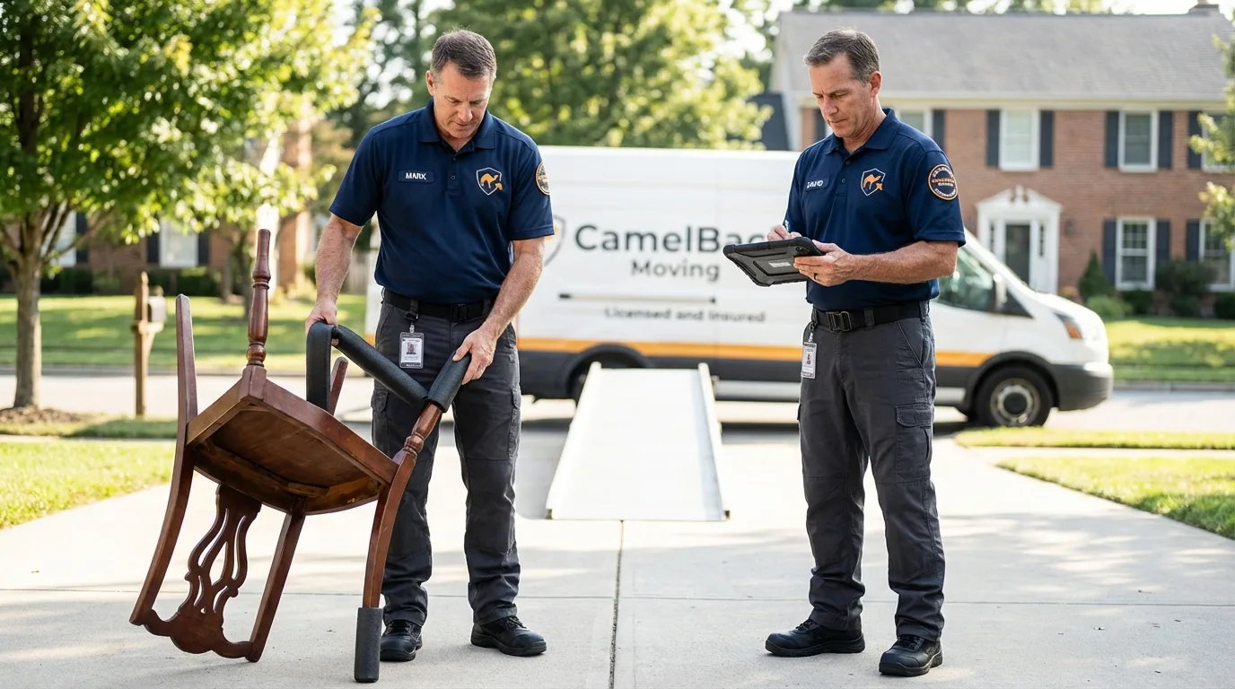 Movers inspecting furniture for damage prevention before loading in Rio Linda, CA