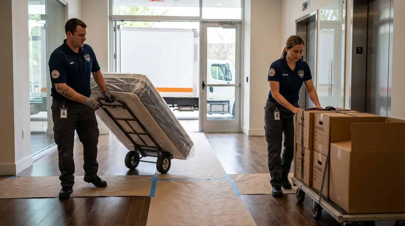 Professional apartment movers loading elevator in Rio Linda, CA