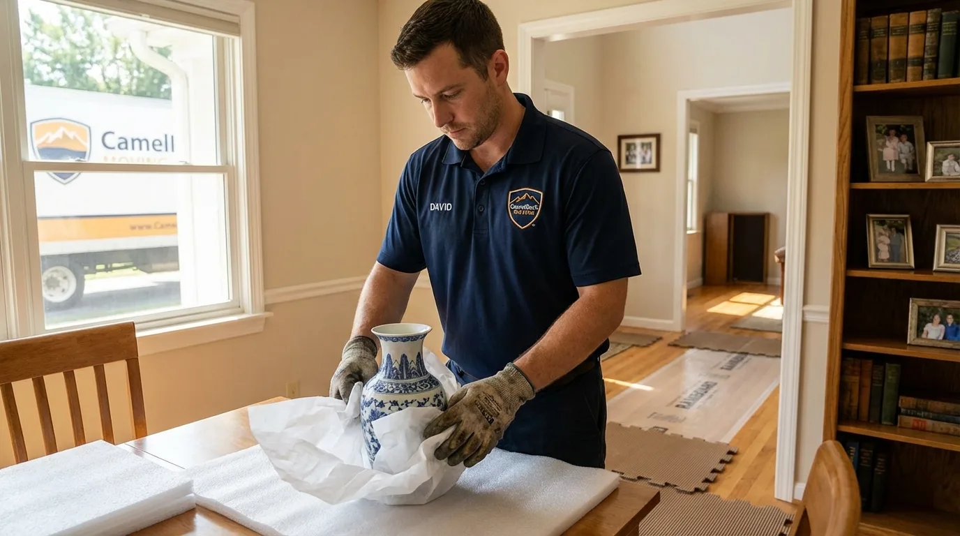 Professional crew carefully wrapping antique vase for senior downsizing move in Rio Linda, CA